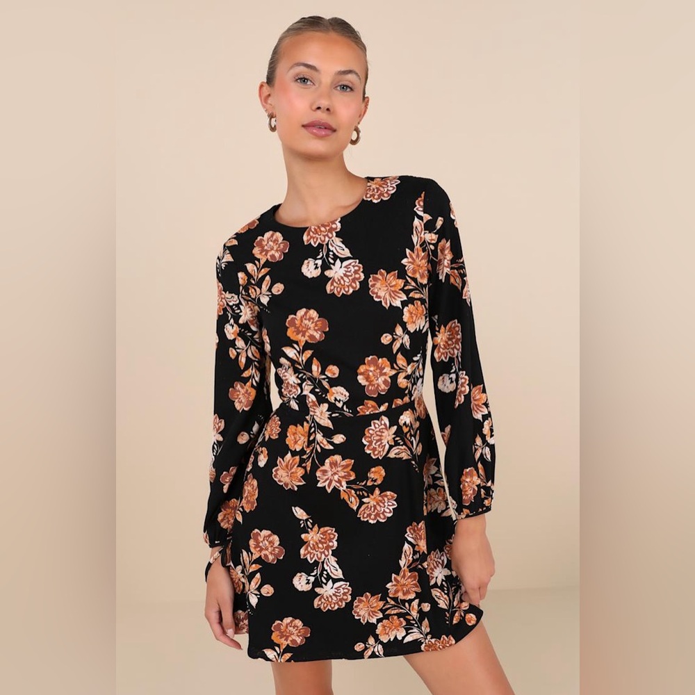 Darling Simplicity Black Floral Linen Cutout Mini Dress